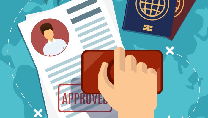 Visa stamping. Passport or visa application. Travel immigration stamp, vector illustration